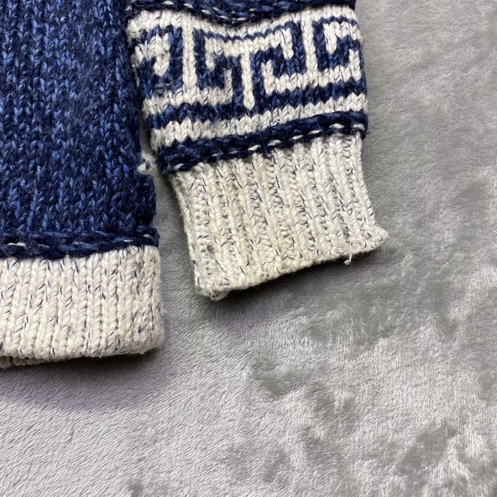 Vintage‎ Portugal Wool Blend Full Zip Greek Key Cardigan Sweater Blue White